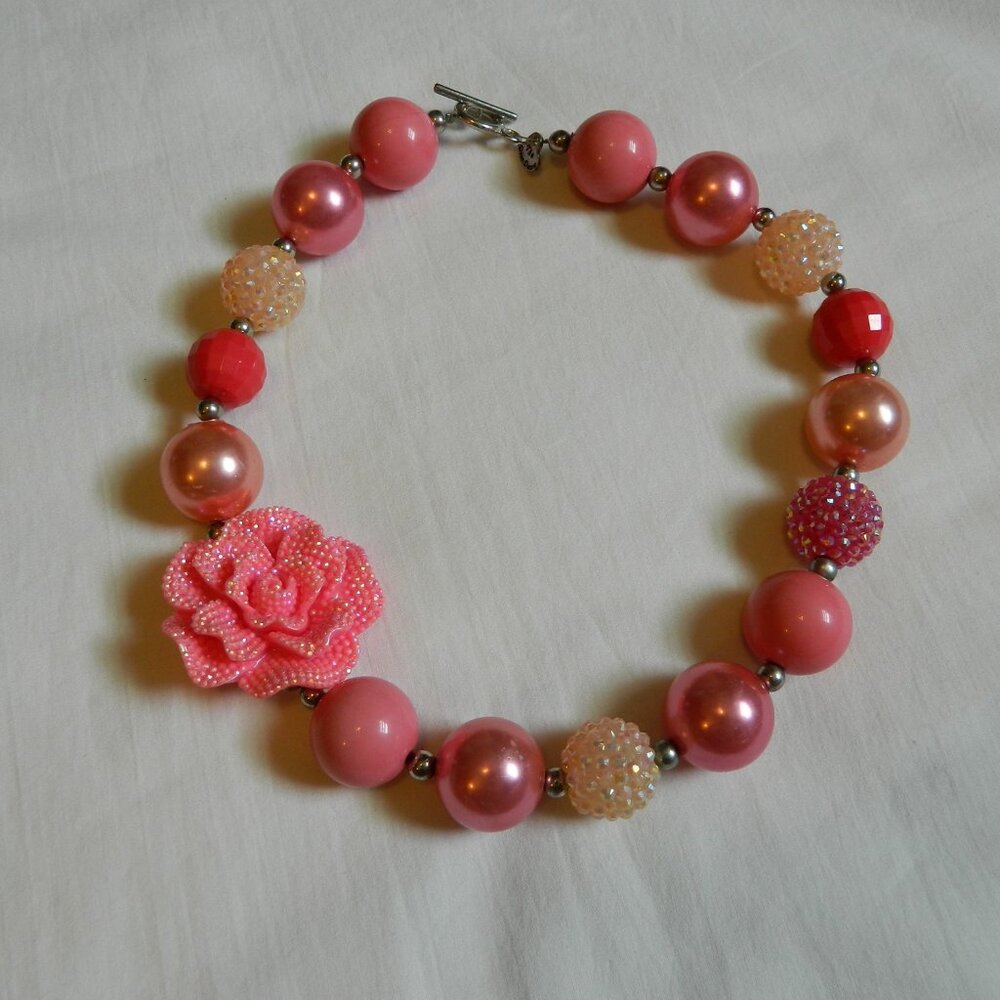 Girls Kids Chunky Bubble Gum Bead Necklace Pink Flower